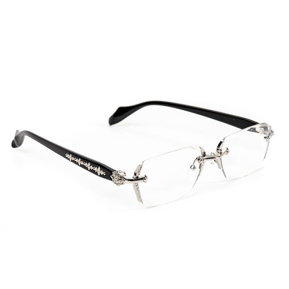 Clear Lens Silver Frame Retro Gothic Cross Style Edge Cut Rimless Eye Glasses - Picture 5 of 8